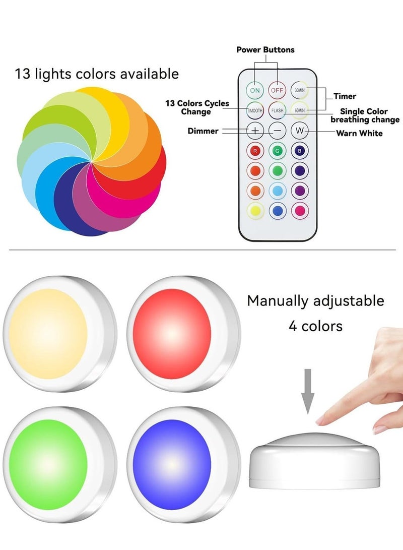 يو ام بي مجموعة من 6 مصابيح قرصية لاسلكية فاخرة بتقنية RGB، تعمل بالبطارية، إضاءة محيطية قابلة للتعتيم بـ 13 لونًا أسفل الخزائن مع جهازَي تحكم عن بُعد ومؤقت، إضاءة لاصقة لإضفاء جو مميز على المطابخ العصرية والخزائن وواجهات العرض. - Image 2