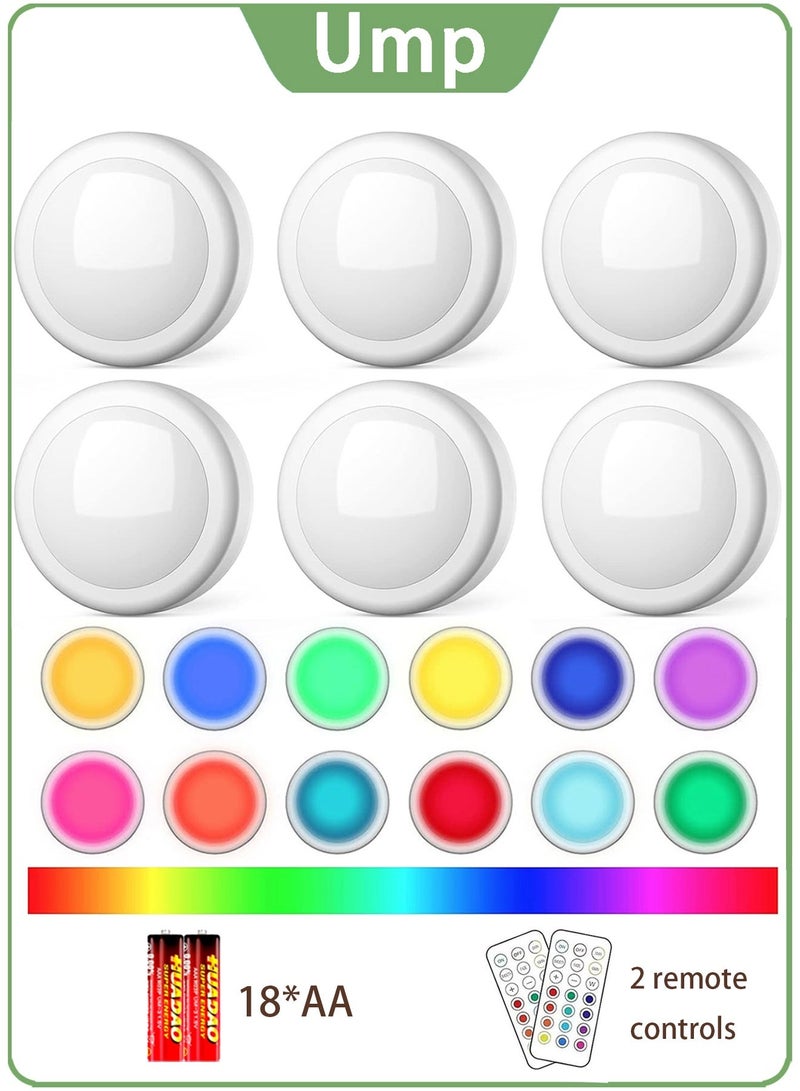 يو ام بي مجموعة من 6 مصابيح قرصية لاسلكية فاخرة بتقنية RGB، تعمل بالبطارية، إضاءة محيطية قابلة للتعتيم بـ 13 لونًا أسفل الخزائن مع جهازَي تحكم عن بُعد ومؤقت، إضاءة لاصقة لإضفاء جو مميز على المطابخ العصرية والخزائن وواجهات العرض. - Image 1