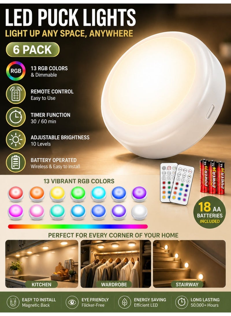 Ump 6 Pack LED Puck Lights , RGB Puck Lights, LED Lighting, Battery Powered, Wireless Night Light, 13-Color Dimmable Under Cabinet Lighting with 2 Remotes & Timer, Stick-on Mood Light for Modern Kitchen, Closet & Showcase - Image 1