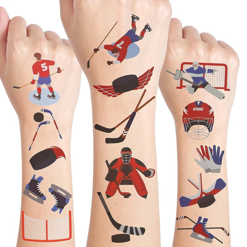 Cleverplay 24 Sheets Ice Hockey Temporary Tattoos, Birthday Decorations Hockey Party Favors