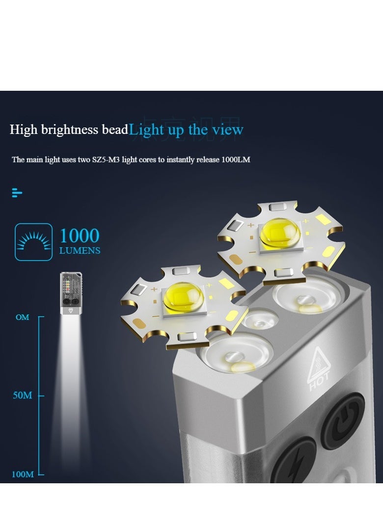 Small Powerful Flashlight 1000LM with Red Blue Warm Light, 80dB Buzzer - Mini Keychain Pocket Rechargeable LED Flashlights USB EDC Clip Flash Light - Image 4