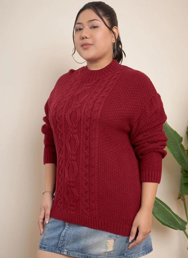 CURVY STREET Maroon Ribbed Turtle Neck Pullover for Women