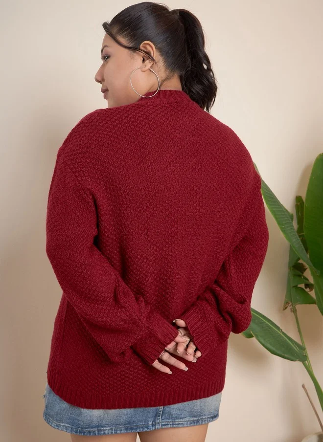 CURVY STREET Maroon Ribbed Turtle Neck Pullover for Women