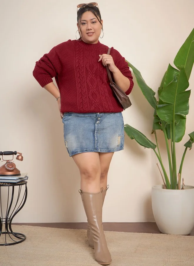 CURVY STREET Maroon Ribbed Turtle Neck Pullover for Women