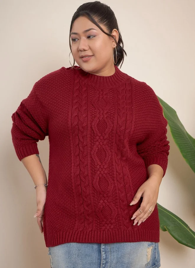 CURVY STREET Maroon Ribbed Turtle Neck Pullover for Women