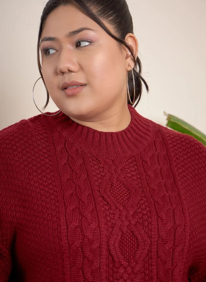 CURVY STREET Maroon Ribbed Turtle Neck Pullover for Women