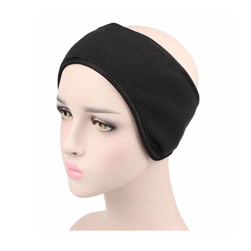 Winter double-layer polar fleece warm headband Earmuffs Ear wrap with Velcro adjustment Black 