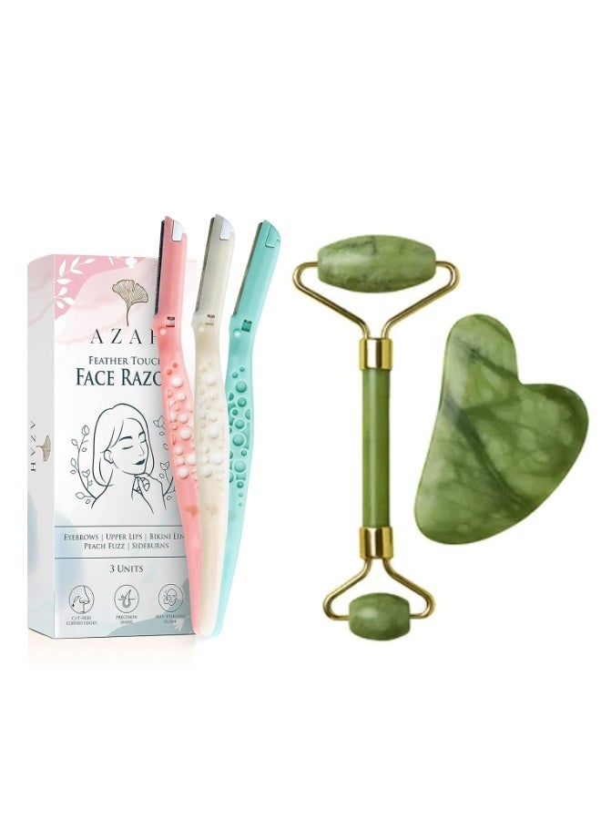 Azah Jade Roller & Face Razor Combo | Selfcare & Skincare Essentials Kit | Facial Hair Removal & Face Massage Combo | Spa-like Massage at Home | Natural Jade Stone & Scratch Free Face Razor - Image 1