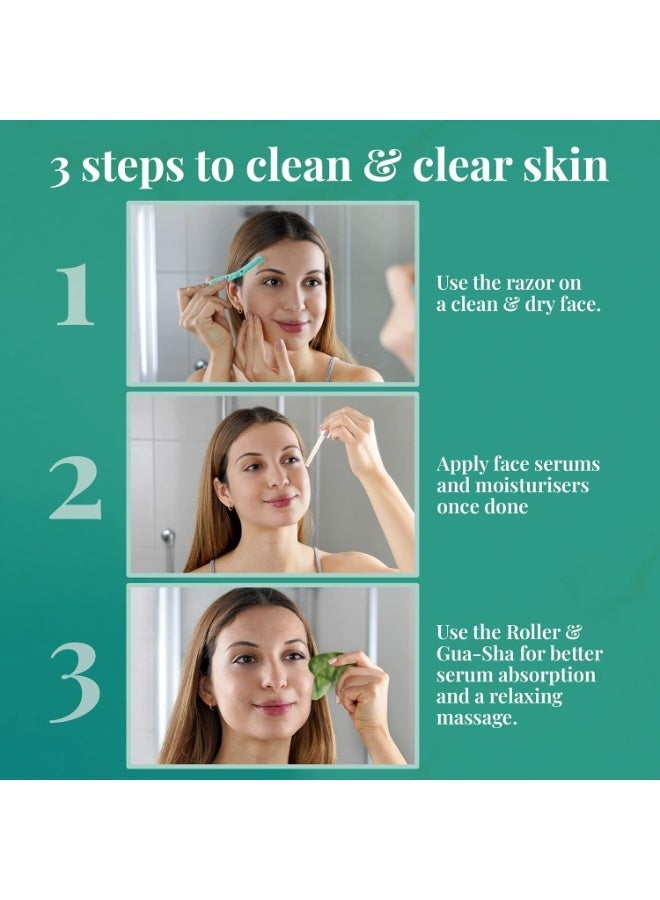 Azah Jade Roller & Face Razor Combo | Selfcare & Skincare Essentials Kit | Facial Hair Removal & Face Massage Combo | Spa-like Massage at Home | Natural Jade Stone & Scratch Free Face Razor - Image 2