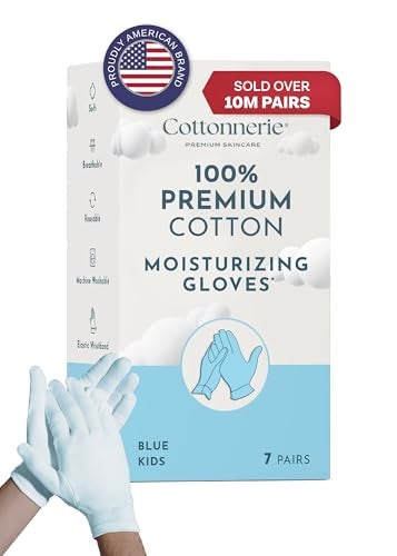 COTTONNERIE Cottonnerie Kids 7 Pairs Blue 100 Premium Cotton Moisturizing Gloves for Kids Dry Hands  Eczema  Overnight Lotion Treatment for Children Girl  Boy  Reusable Free Washing Bag 25 Years