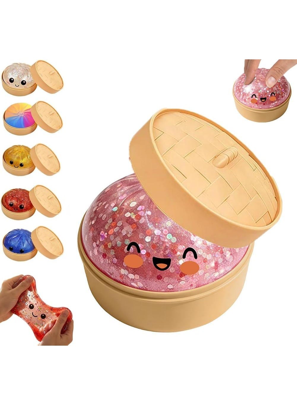 Dumpling Squishies,Giant Glitter Dumpling Box,Colorful Sensory Toys Stress Relief Ball,Soft Squeeze Decompression Dough Gift for Adults,Easter Basket Stuffers (B-Pink, 1PCS)