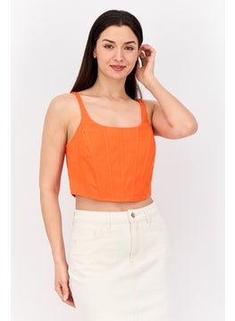 ESPRIT Women Scoop Neck Sleeveless Shirred Cropped Top, Orange  - Image 1
