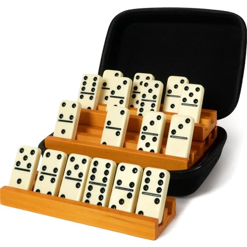 Queensell Dominos Set for Adults with 4 Domino Racks - Double 6 Dominoes Set with Domino Holder, Classic Board Games for Kids and Adults - Double Six Standard Dominos Set 28 Tiles with Travel Case - Image 1