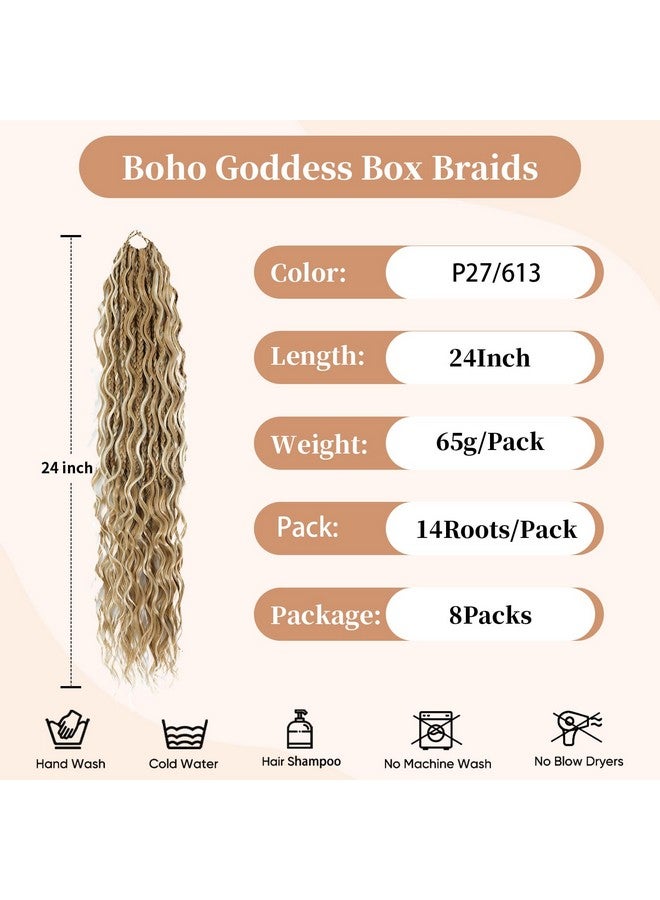 SOKU Goddess Box Braids Crochet Hair 24 Inch - 8 Packs Honey Blonde Boho Bohemian Box River Braids Pre-Looped Platinum Blonde Synthetic Braiding Hair With Curly Ends For Women (24 Inch, P27/613) - Image 2