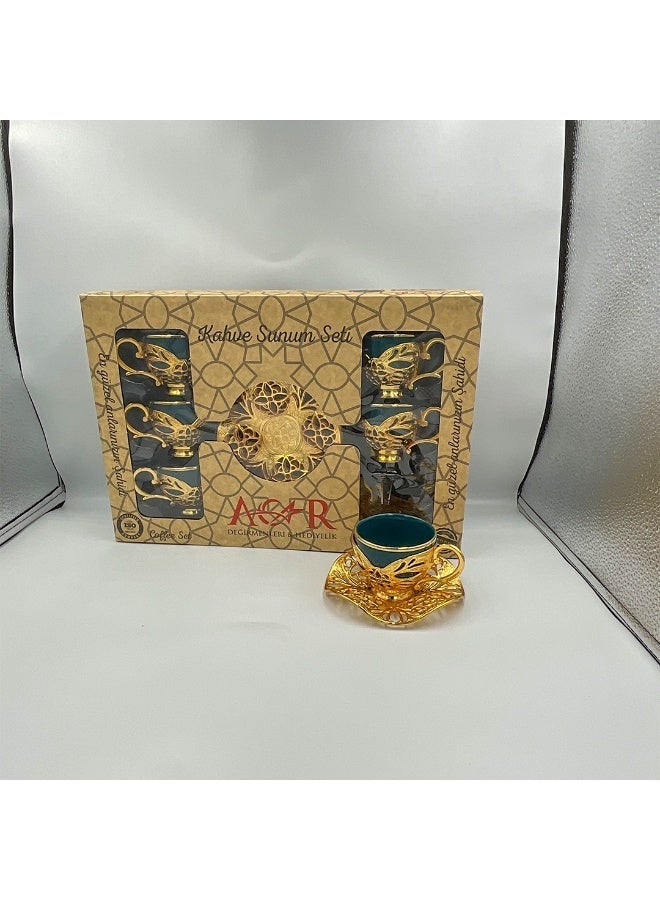 أكار طقم قهوة تركية فاخر من 6 فناجين مع حوامل وصحون بالتراث العثماني الأنيق باللون الأخضر والذهبي – صناعة تركية - Image 2