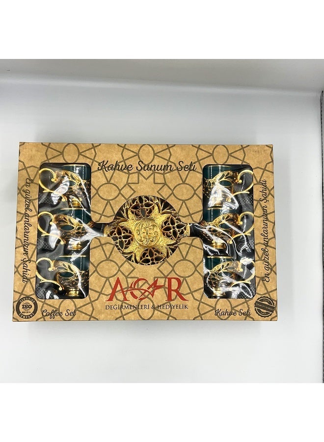 أكار طقم قهوة تركية فاخر من 6 فناجين مع حوامل وصحون بالتراث العثماني الأنيق باللون الأخضر والذهبي – صناعة تركية - Image 3
