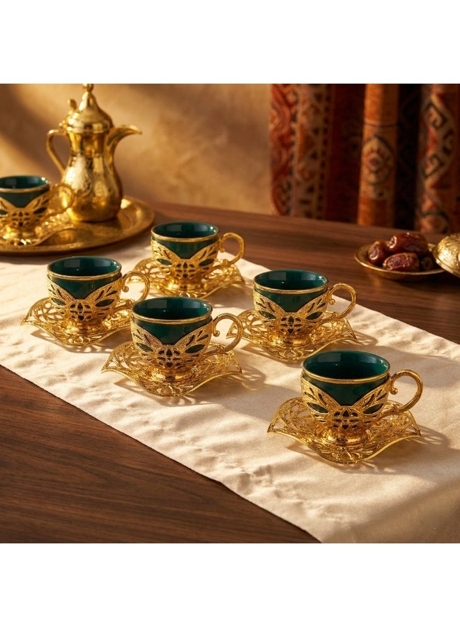 Acar Saudi tea and coffee set of 6 Cups with Holders and Saucers in Elegant Ottoman Style in Green & Gold – Made in Turkey - Image 1
