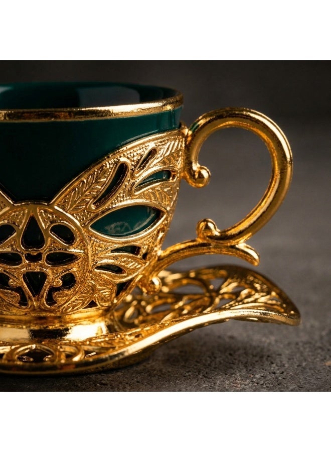 Acar Saudi tea and coffee set of 6 Cups with Holders and Saucers in Elegant Ottoman Style in Green & Gold – Made in Turkey - Image 2