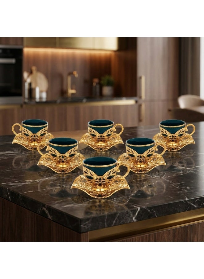 Acar Saudi tea and coffee set of 6 Cups with Holders and Saucers in Elegant Ottoman Style in Green & Gold – Made in Turkey - Image 4