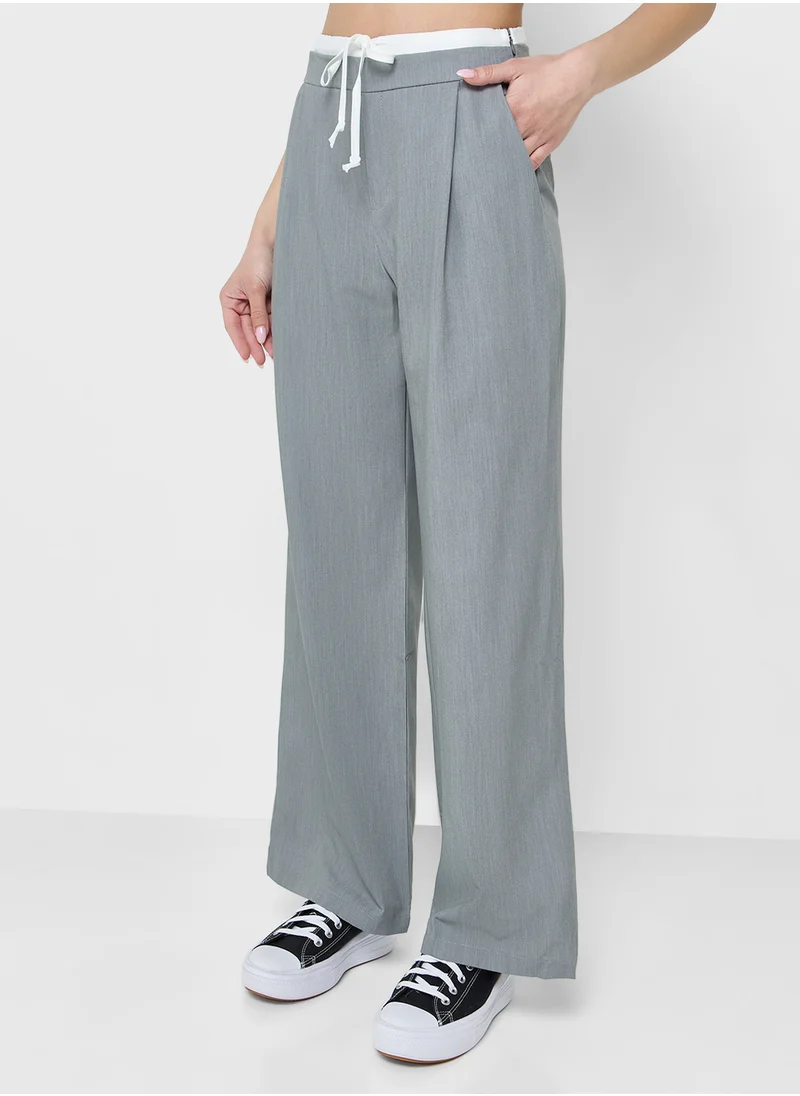 جينجر Contrast Waistband Detail Wide Leg Pants