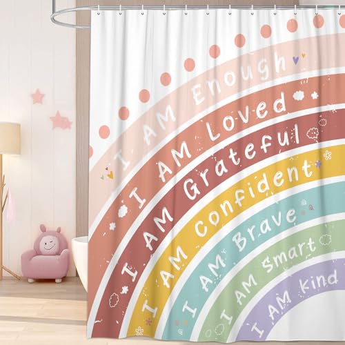Pinpai Kids Boho Rainbow Shower Curtain Set for Baby Boys & Girls Bathroom, Colorful Inspirational Quotes Fabric Shower Curtain with Hooks, 72x72 inch - Image 2