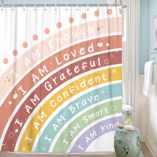 Pinpai Kids Boho Rainbow Shower Curtain Set for Baby Boys & Girls Bathroom, Colorful Inspirational Quotes Fabric Shower Curtain with Hooks, 72x72 inch - Image 1