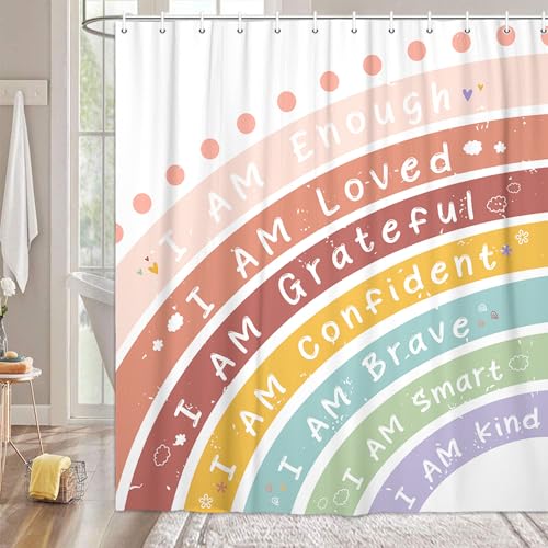 Pinpai Kids Boho Rainbow Shower Curtain Set for Baby Boys & Girls Bathroom, Colorful Inspirational Quotes Fabric Shower Curtain with Hooks, 72x72 inch - Image 4