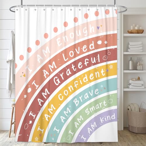 Pinpai Kids Boho Rainbow Shower Curtain Set for Baby Boys & Girls Bathroom, Colorful Inspirational Quotes Fabric Shower Curtain with Hooks, 72x72 inch - Image 3