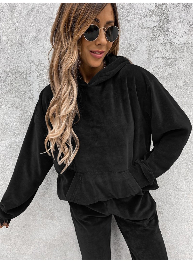 NIBEMINENT Women Sweatshirts Two Pieces Pant Sets Hooded Pocket Top Pullover Pencil Pants Thick Spliced Solid Casual Sporty Suits - Image 1