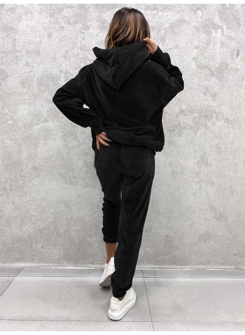 NIBEMINENT Women Sweatshirts Two Pieces Pant Sets Hooded Pocket Top Pullover Pencil Pants Thick Spliced Solid Casual Sporty Suits - Image 2