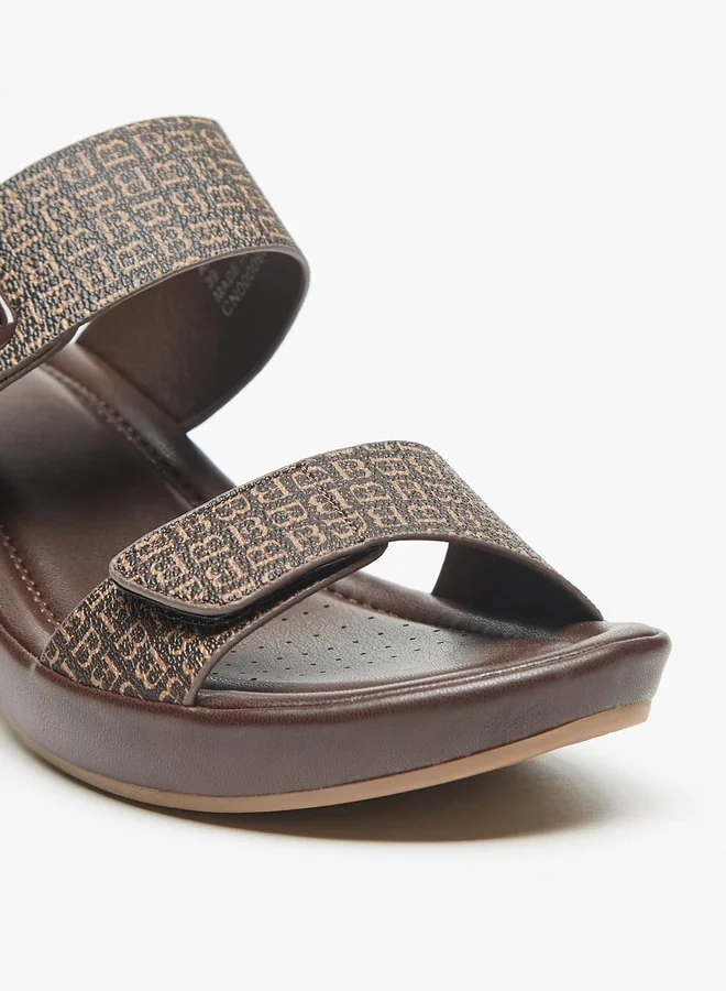 Flora Bella By Shoexpress Monogram Print Slip On Sandals with Block Heels