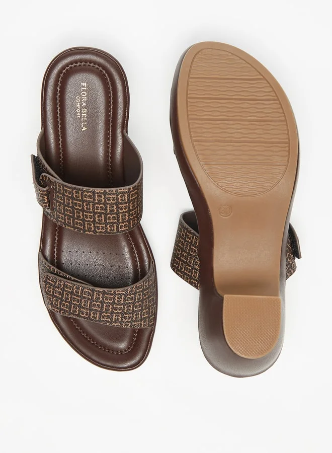 Flora Bella By Shoexpress Monogram Print Slip On Sandals with Block Heels