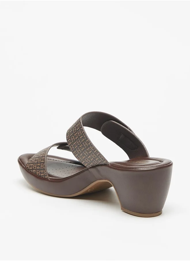 Flora Bella By Shoexpress Monogram Print Slip On Sandals with Block Heels
