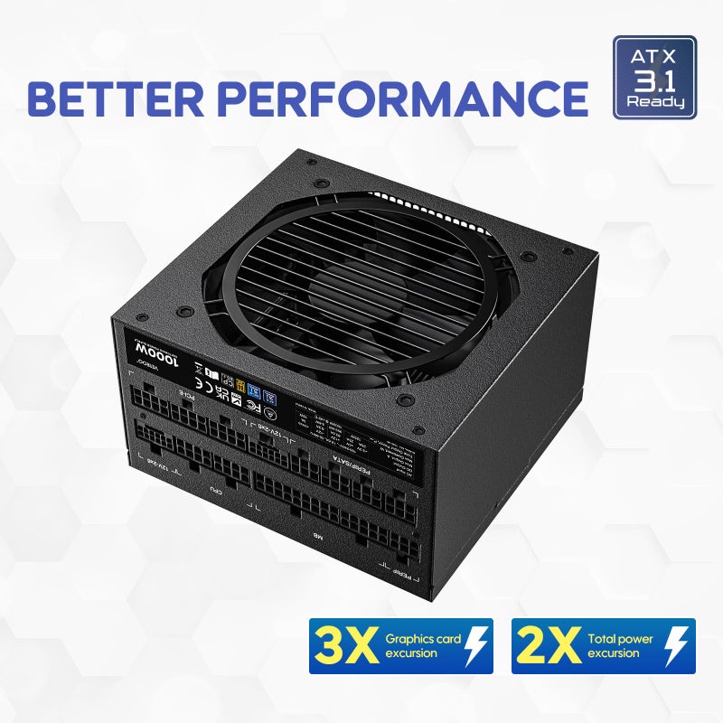 Vetroo 1000W Black Power Supply ATX 3.1 Ready Dual PCIe 5.1, 80 Plus Gold Full Modular, Eco Mode with 120mm FDB Fan, Compact Size, 10 Year Warranty for Gaming PC - Image 4