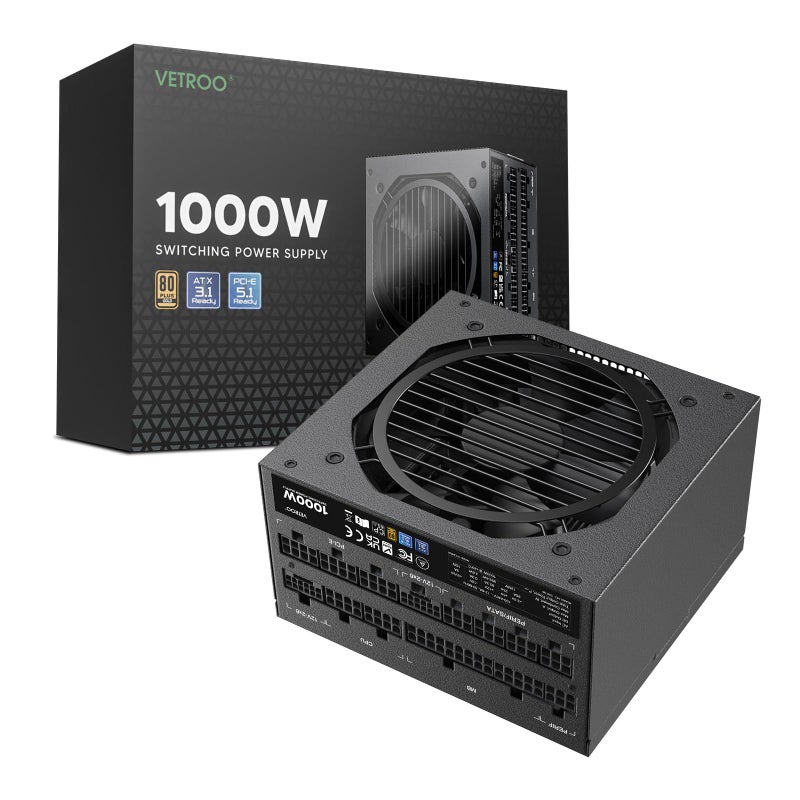Vetroo 1000W Black Power Supply ATX 3.1 Ready Dual PCIe 5.1, 80 Plus Gold Full Modular, Eco Mode with 120mm FDB Fan, Compact Size, 10 Year Warranty for Gaming PC - Image 1