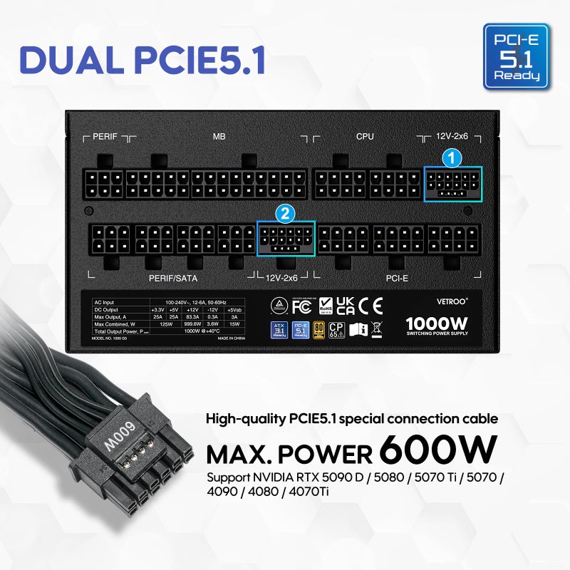Vetroo 1000W Black Power Supply ATX 3.1 Ready Dual PCIe 5.1, 80 Plus Gold Full Modular, Eco Mode with 120mm FDB Fan, Compact Size, 10 Year Warranty for Gaming PC - Image 2