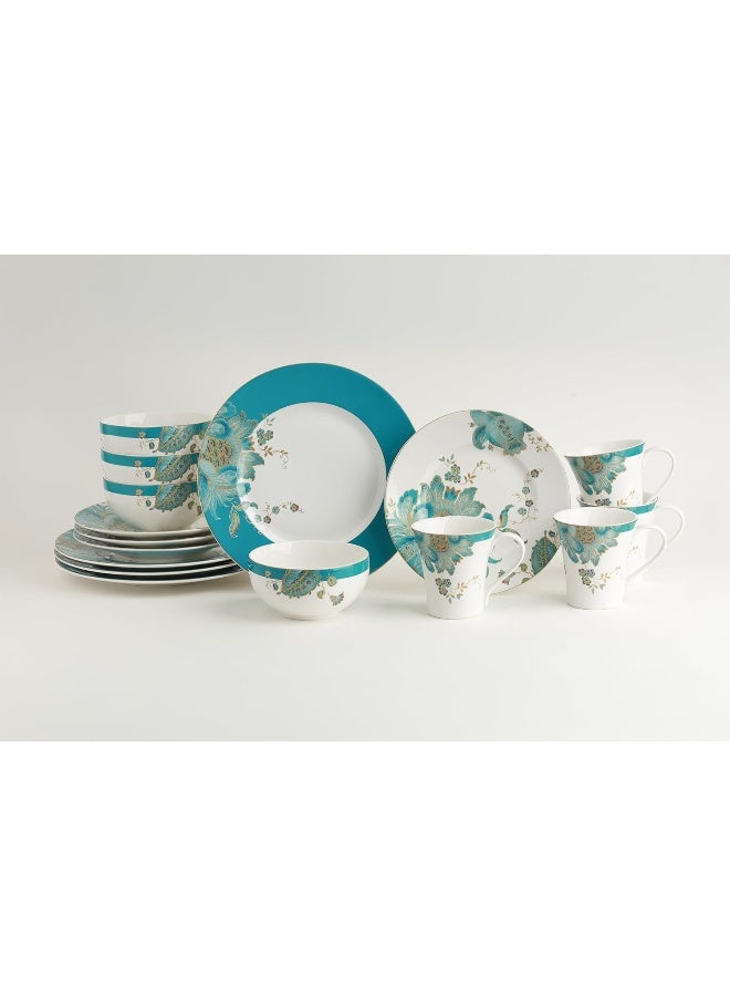 222 Fifth Eliza 16Piece Teal Porcelain Dinnerware Set - Image 2