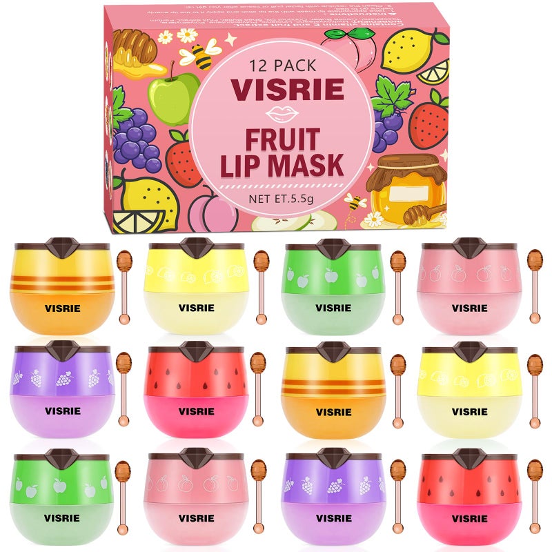 VISRIE 12 PCS Bee Lip Balm Honey Pot, Overnight Sleeping Lip Mask with Applicator - Propolis & Fruit Extract Moisturizing Lip Care for Dry Cracked Lips, Cute Makeup Gift for Women & Girls - Image 1