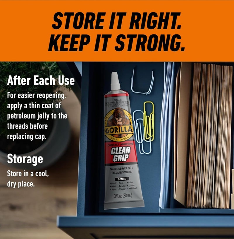 غوريلا كلير جريب لاصق شفاف قوي 88 مل – غراء قوي مقاوم للماء للاستخدام الداخلي والخارجي، شفاف عالي التحمل للمعادن والزجاج والخشب والأقمشة والبلاستيك - Image 4