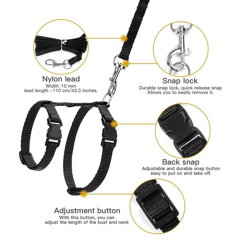 RoverPets Adjustable Nylon Cat Harness and Leash Set – Soft Strap Collar with Training Lead for Cats, Kittens, Rabbits, and Small Pets – Comfortable & Secure Outdoor Walking Gear (Black) - Image 2
