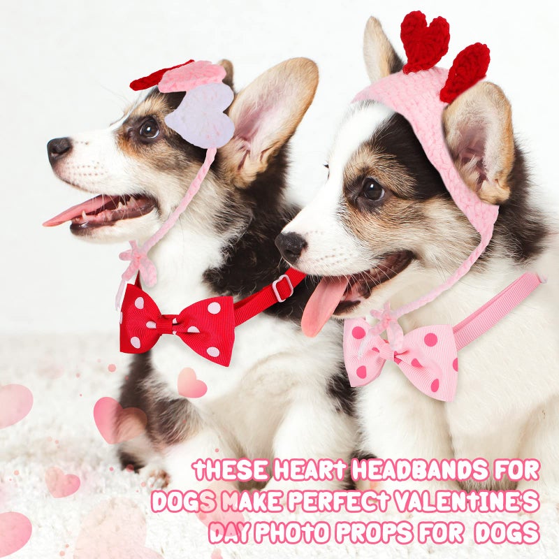 MTLEE 4 Pcs Valentines Day Heart Headband Neck Bow for Cat 2 Pet Neck Bow Cat 2 Headbands Valentines Day Headband with Ear Holes and Chin Straps Adjustable Dog Bows Tie Pink Red Heart Decor for Pets - Image 5