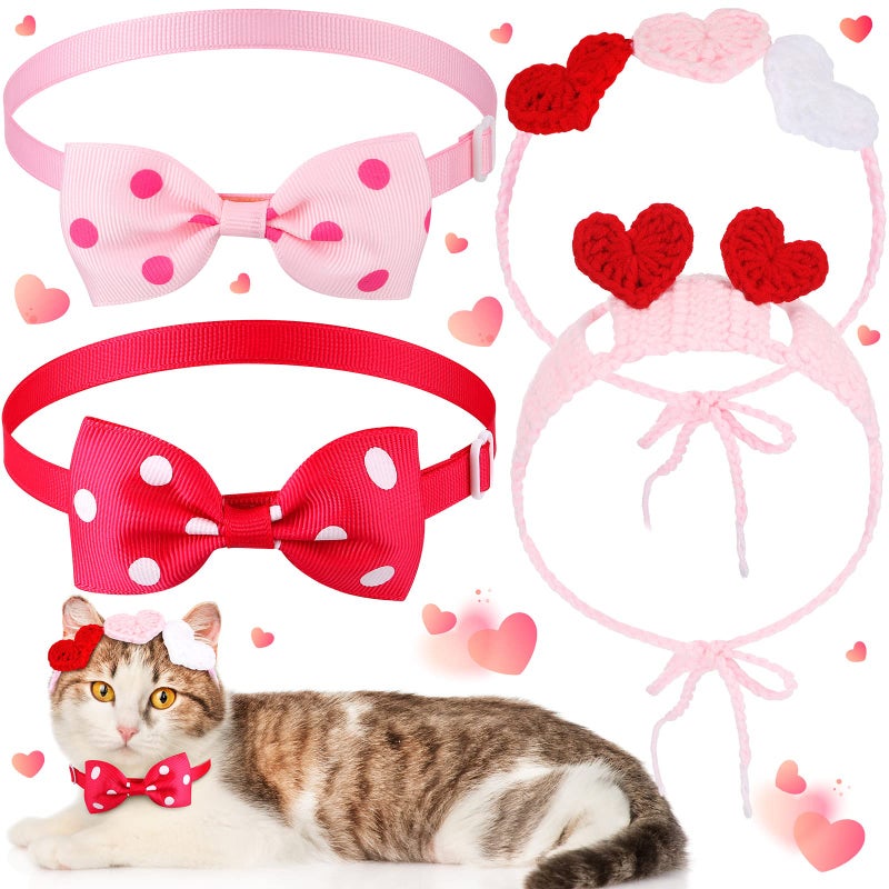 MTLEE 4 Pcs Valentines Day Heart Headband Neck Bow for Cat 2 Pet Neck Bow Cat 2 Headbands Valentines Day Headband with Ear Holes and Chin Straps Adjustable Dog Bows Tie Pink Red Heart Decor for Pets - Image 1