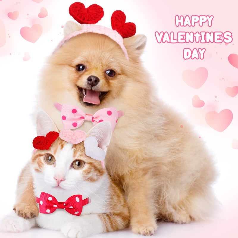 MTLEE 4 Pcs Valentines Day Heart Headband Neck Bow for Cat 2 Pet Neck Bow Cat 2 Headbands Valentines Day Headband with Ear Holes and Chin Straps Adjustable Dog Bows Tie Pink Red Heart Decor for Pets - Image 4
