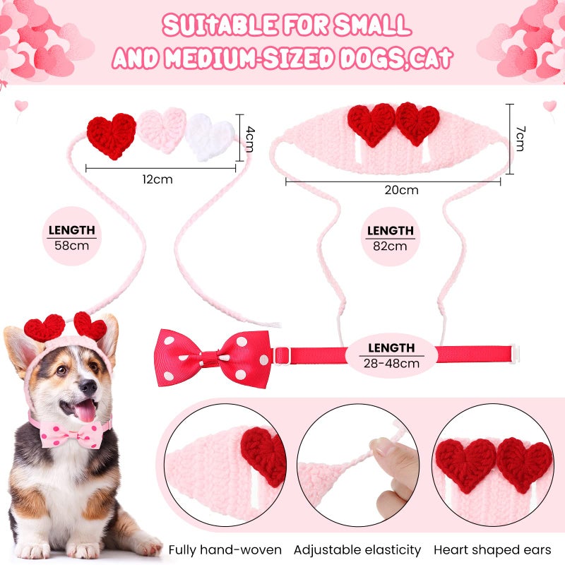 MTLEE 4 Pcs Valentines Day Heart Headband Neck Bow for Cat 2 Pet Neck Bow Cat 2 Headbands Valentines Day Headband with Ear Holes and Chin Straps Adjustable Dog Bows Tie Pink Red Heart Decor for Pets - Image 2