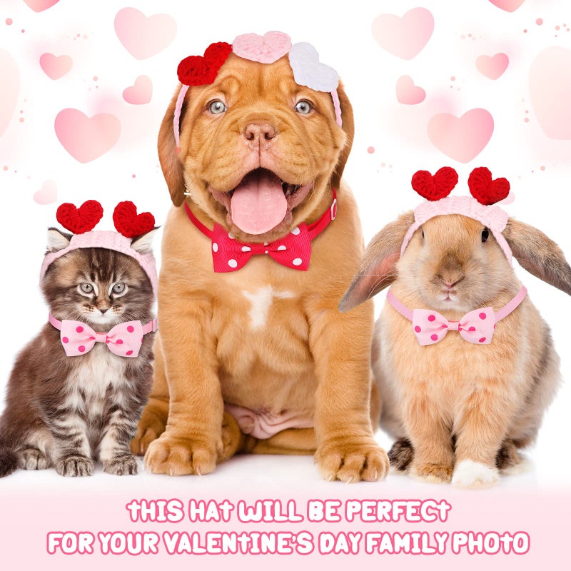 MTLEE 4 Pcs Valentines Day Heart Headband Neck Bow for Cat 2 Pet Neck Bow Cat 2 Headbands Valentines Day Headband with Ear Holes and Chin Straps Adjustable Dog Bows Tie Pink Red Heart Decor for Pets - Image 3