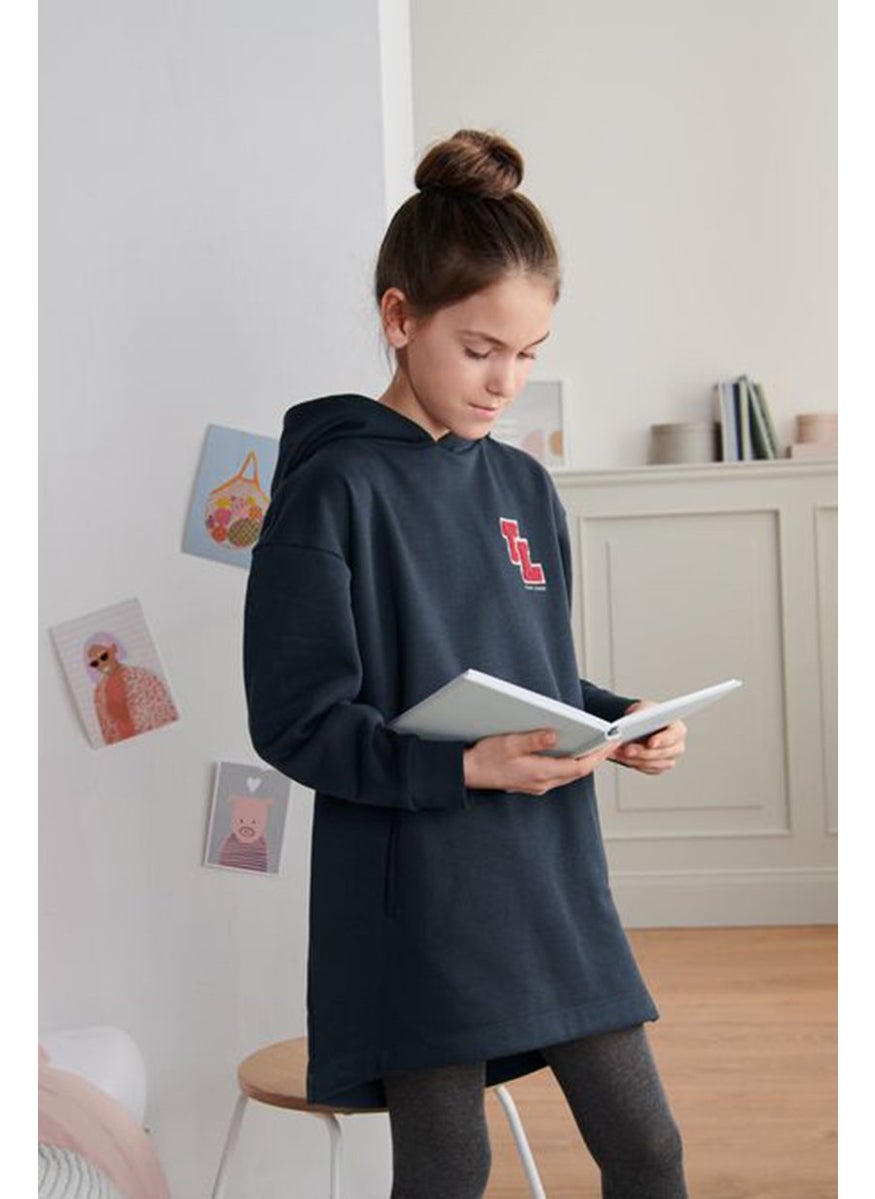 Tchibo Kids Girl Embroidered Long Sleeve Hooded Long Sweater, Navy  - Image 1
