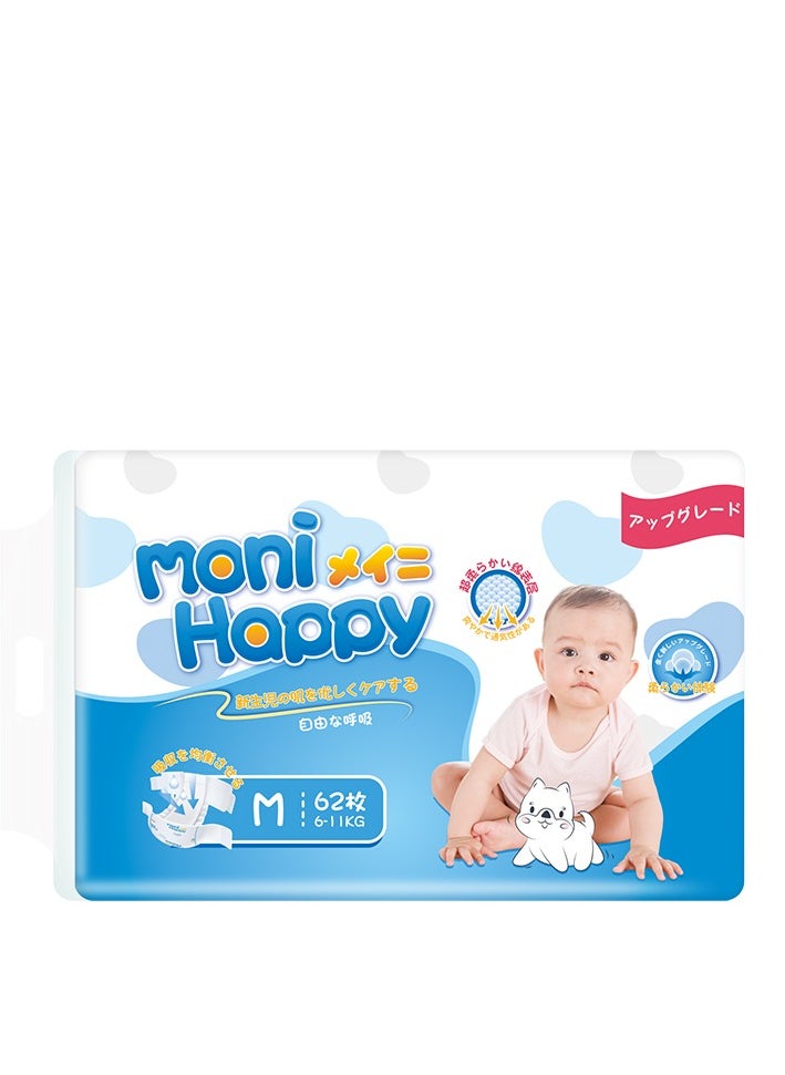 Moni Happy Premium Care Baby Taped Diapers ,Size 2 (6-11kg),Mid,62 Count Diapers,Super Absorbency,Breathable Baby Diaper  - Image 1