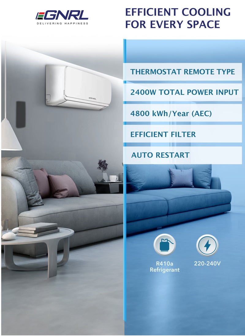 EGNRL - 24000 BTU T3 Rotary Split AC R410a, EG24TN, 2025 New Series Model,Turbo Efficient Compressor, Auto Restart & Smart Function, Remote Included 2 Ton White - Image 1