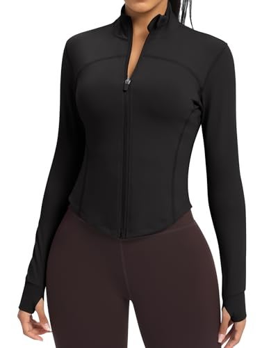 colorskin Women's Lightweight Zip Up Workout Jackets Yoga Cropped Running Gym Track Athletic Jacket with Thumb Holes(Black,Medium) - Image 1