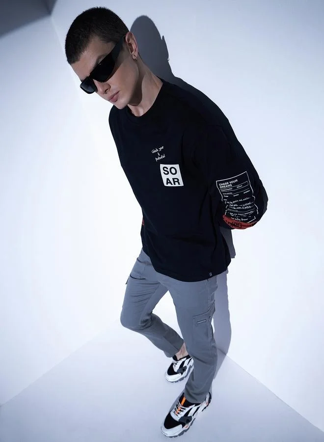 Hubberholme Black Typography Printed Relaxed Fit Cotton Casual T-shirt for Men